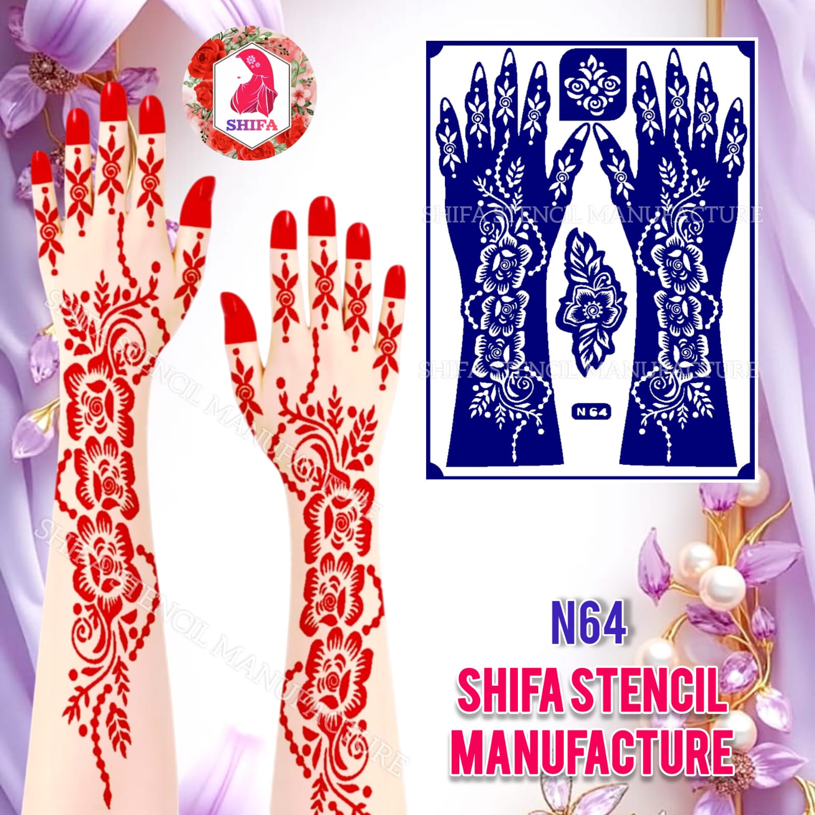 N64  Garden Whisper Trails Sticker Overview Henna Stencil - Shifa Stencil